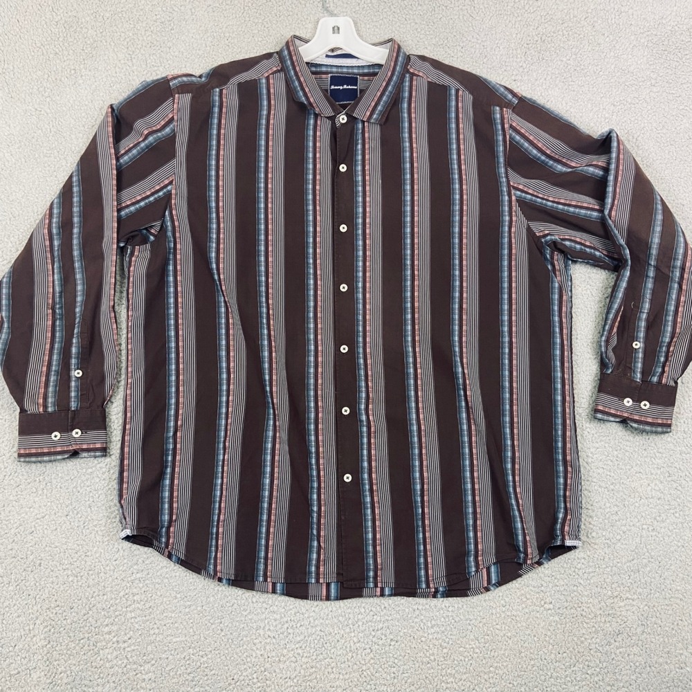 Tommy Bahama Mens 3XL‎ Cotton Silk Striped Long Sleeve Button Down Shirt Brown